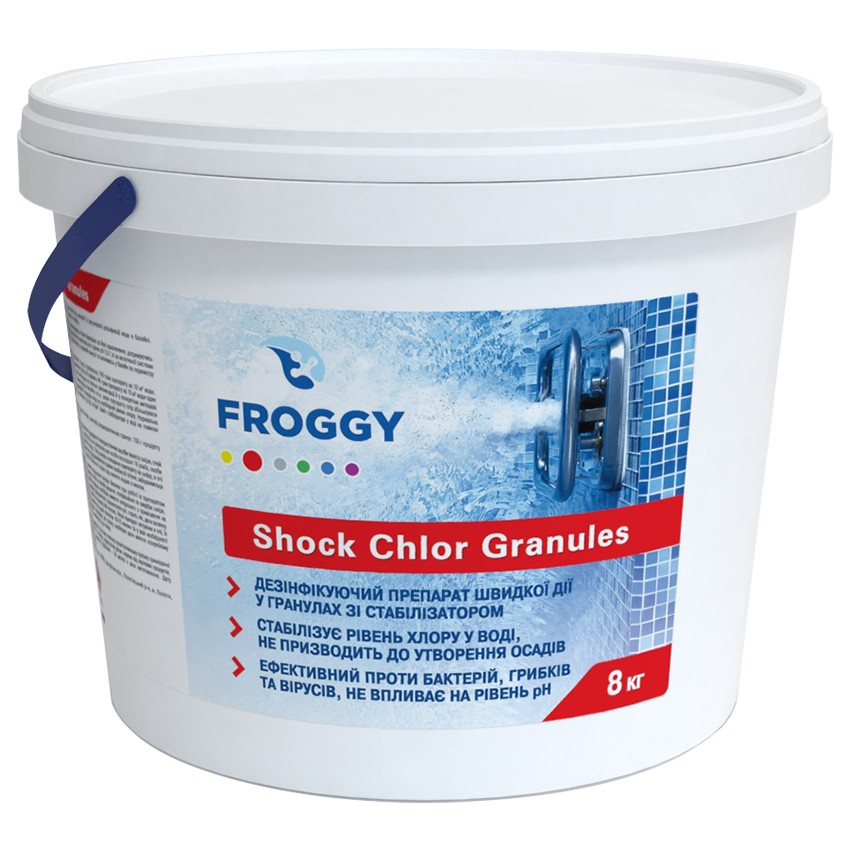 Дезинфектант на основе хлора быстрого действия Froggy Shock Chlor Granules в гранулах 8 кг
Дезинфектант на основе хлора быстрого действия Froggy Shock Chlor Granules в гранулах 8 кг