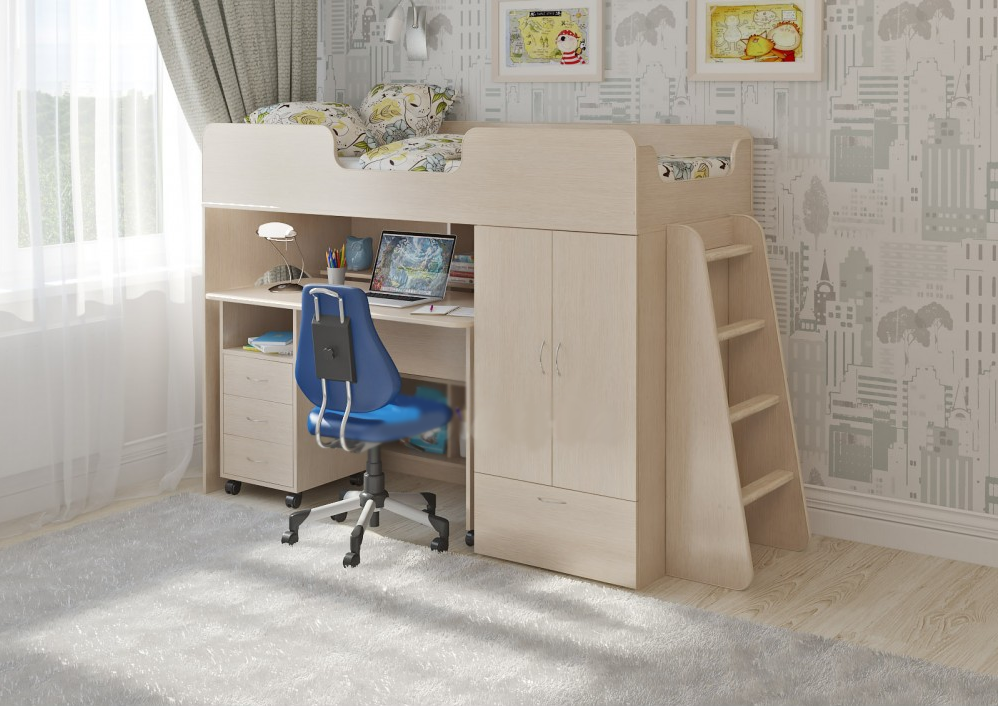 Кровать-чердак KidsBunkBed K-040 дуб молочный 2128 × 834 × 1395 мм