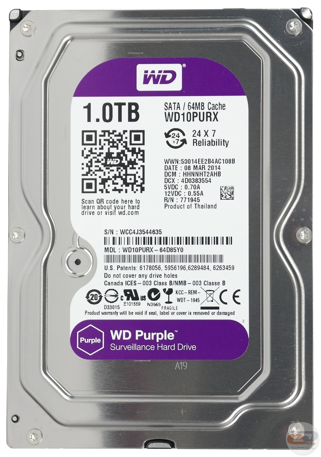 Жесткий диск 3.5" WD10PURX, 1 ТБ, SATA 6 Гб/с, IntelliPower, кэш 64 МБ. WESTERN DIGITAL
Жесткий диск 3.5" WD10PURX, 1 ТБ, SATA 6 Гб/с, IntelliPower, кэш 64 МБ. WESTERN DIGITAL