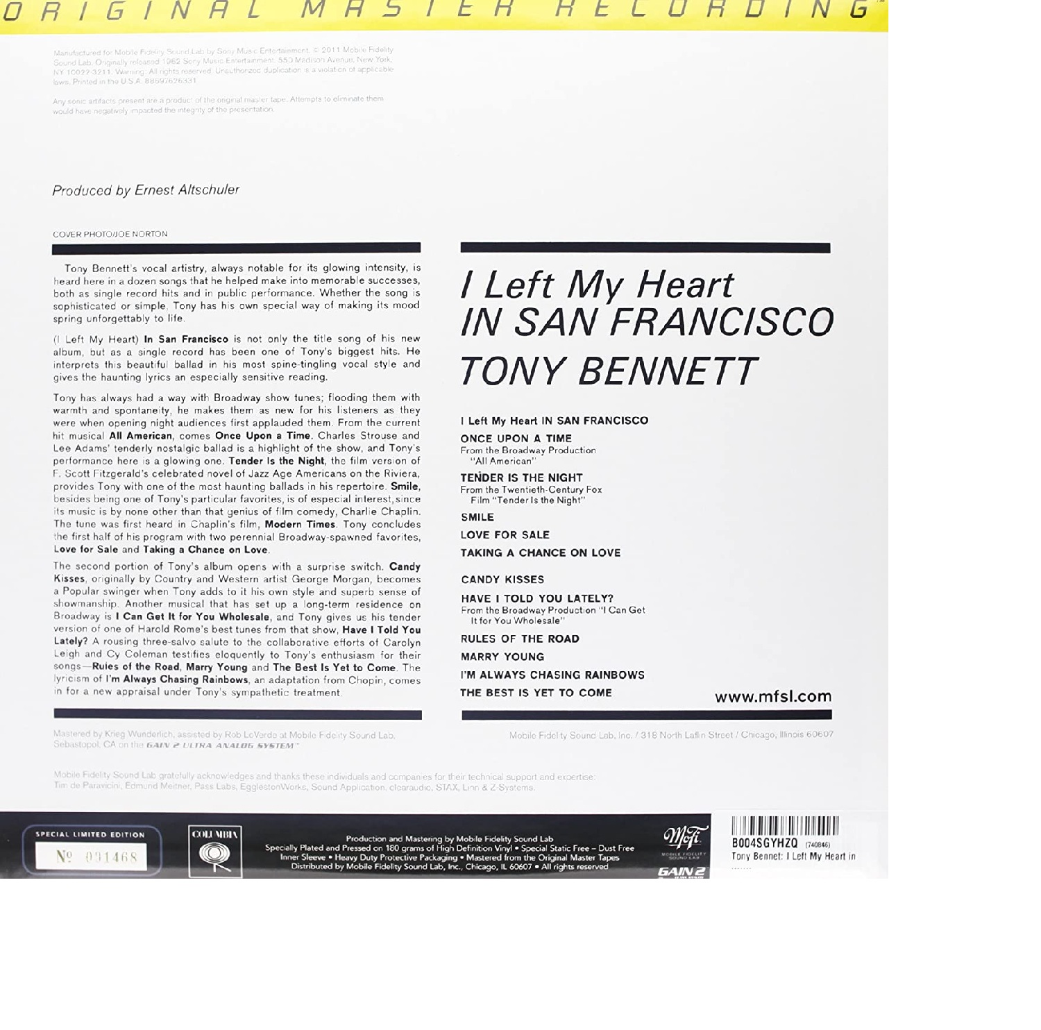 Виниловая пластинка Tony Bennett - I Left My Heart In San Francisco (Numbered 180G Vinyl LP)
Виниловая пластинка Tony Bennett - I Left My Heart In San Francisco (Numbered 180G Vinyl LP)
