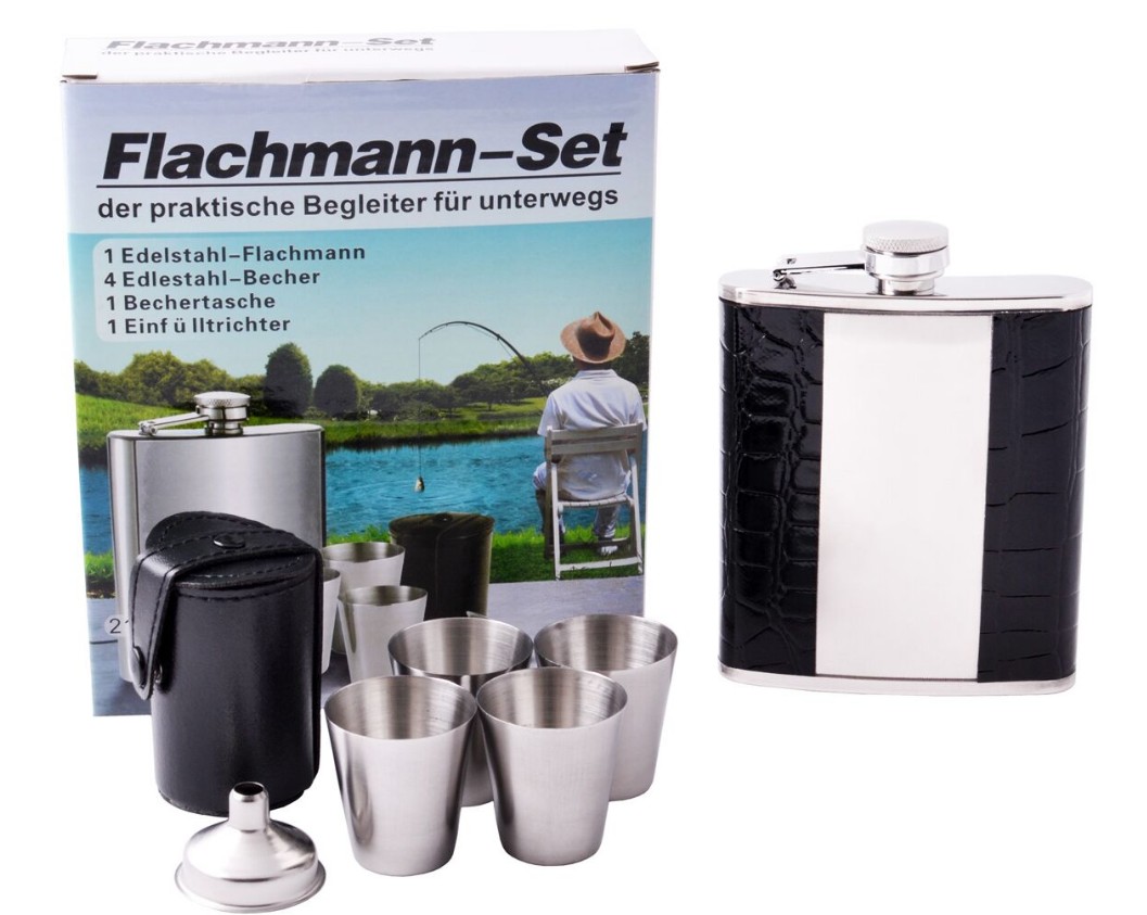 Подарочный набор, фляга Flachmann-Set с кожаными вставками по бокам чёрного цвета.
Подарочный набор, фляга Flachmann-Set с кожаными вставками по бокам чёрного цвета.