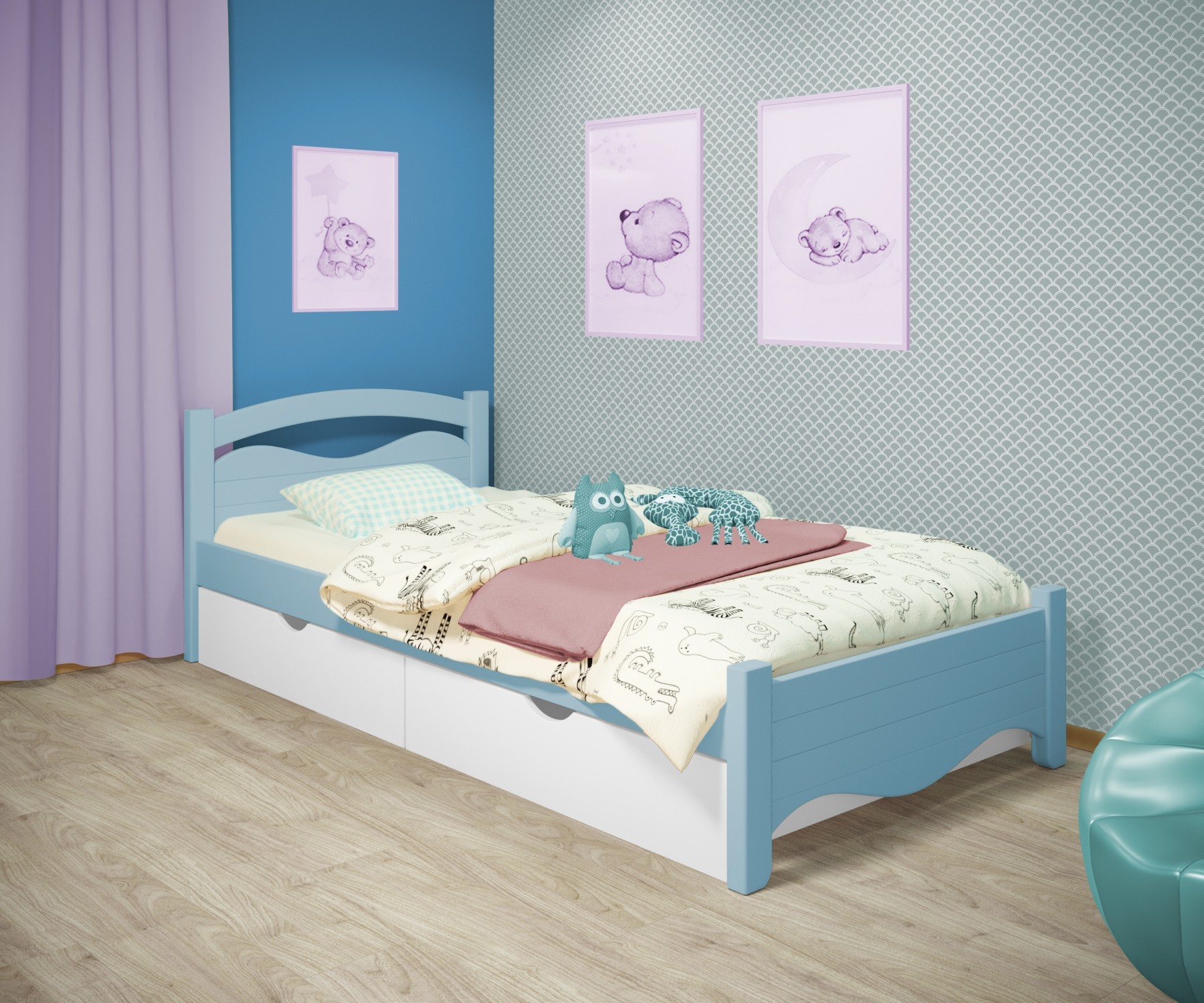 Кровать односпальная RainbowDream Фабертино 80х190 см голубой массив ольхи, с ящиками
Кровать односпальная RainbowDream Фабертино 80х190 см голубой массив ольхи, с ящиками