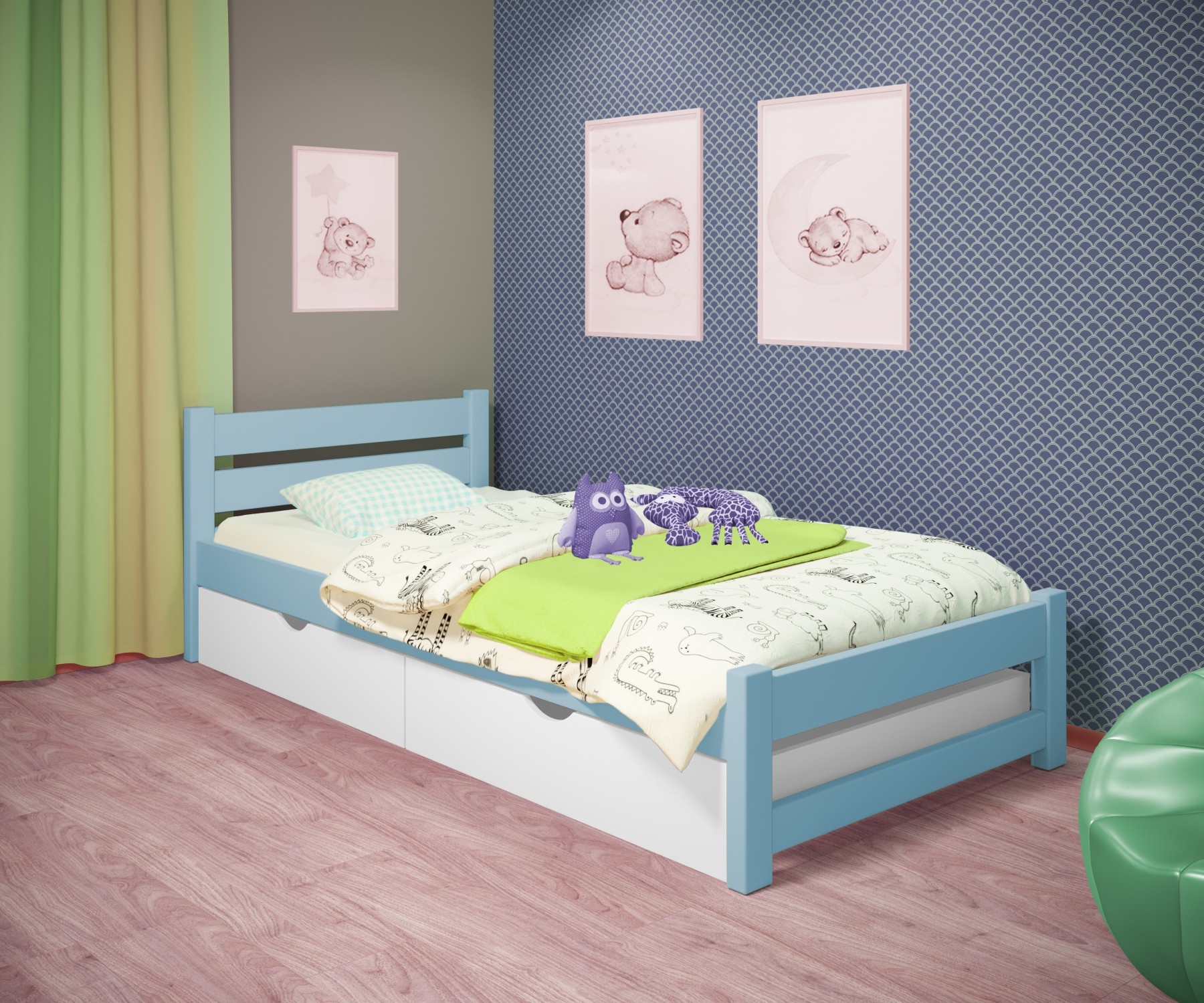 Кровать односпальная RainbowDream Мартино 80х200 см голубой массив ольхи, с ящиками
Кровать односпальная RainbowDream Мартино 80х200 см голубой массив ольхи, с ящиками