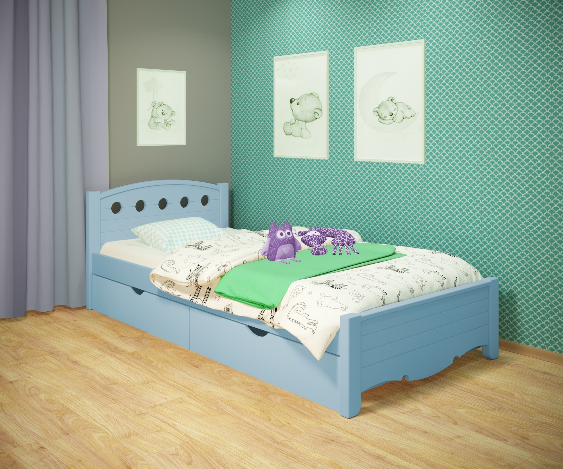 Кровать односпальная RainbowDream Анри 90х200 см голубой массив ольхи, с ящиками
Кровать односпальная RainbowDream Анри 90х200 см голубой массив ольхи, с ящиками