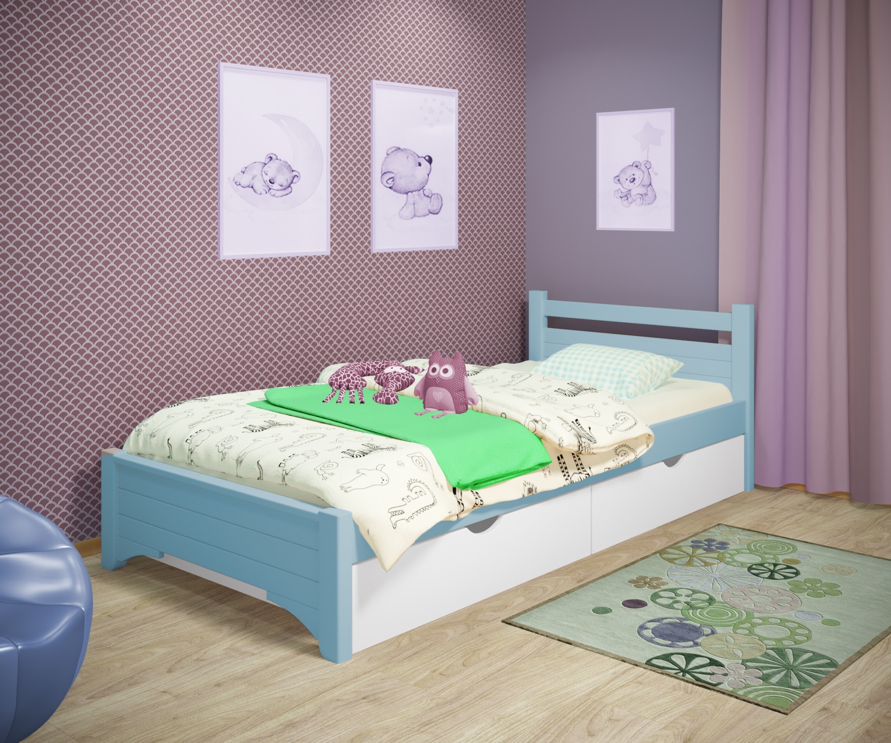 Кровать односпальная RainbowDream Дюпон 90х200 см голубой массив ольхи, с ящиками
Кровать односпальная RainbowDream Дюпон 90х200 см голубой массив ольхи, с ящиками