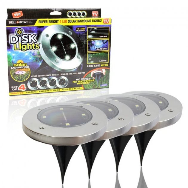 Уличные садовые фонари для сада "Bell Howell Disk lights" (комплект 4 шт) LED светильники на солнечной батарее
Уличные садовые фонари для сада "Bell Howell Disk lights" (комплект 4 шт) LED светильники на солнечной батарее