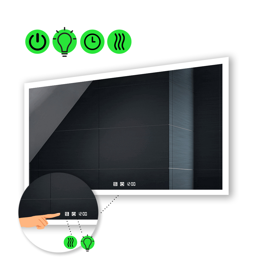 Зеркало Simphony с Led-подсветкой, с двух канальными сенсорами, с часами и подогревом 80x70 см
Зеркало Simphony с Led-подсветкой, с двух канальными сенсорами, с часами и подогревом 80x70 см