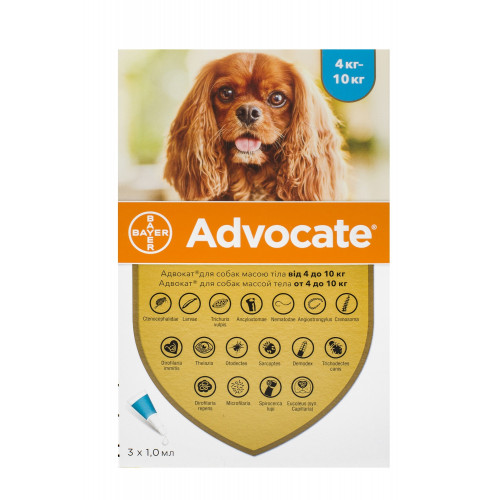 Капли от блох, отодектоза, саркоптоза Bayer Advocate для собак 4-10 кг 1 пипетка
Капли от блох, отодектоза, саркоптоза Bayer Advocate для собак 4-10 кг 1 пипетка