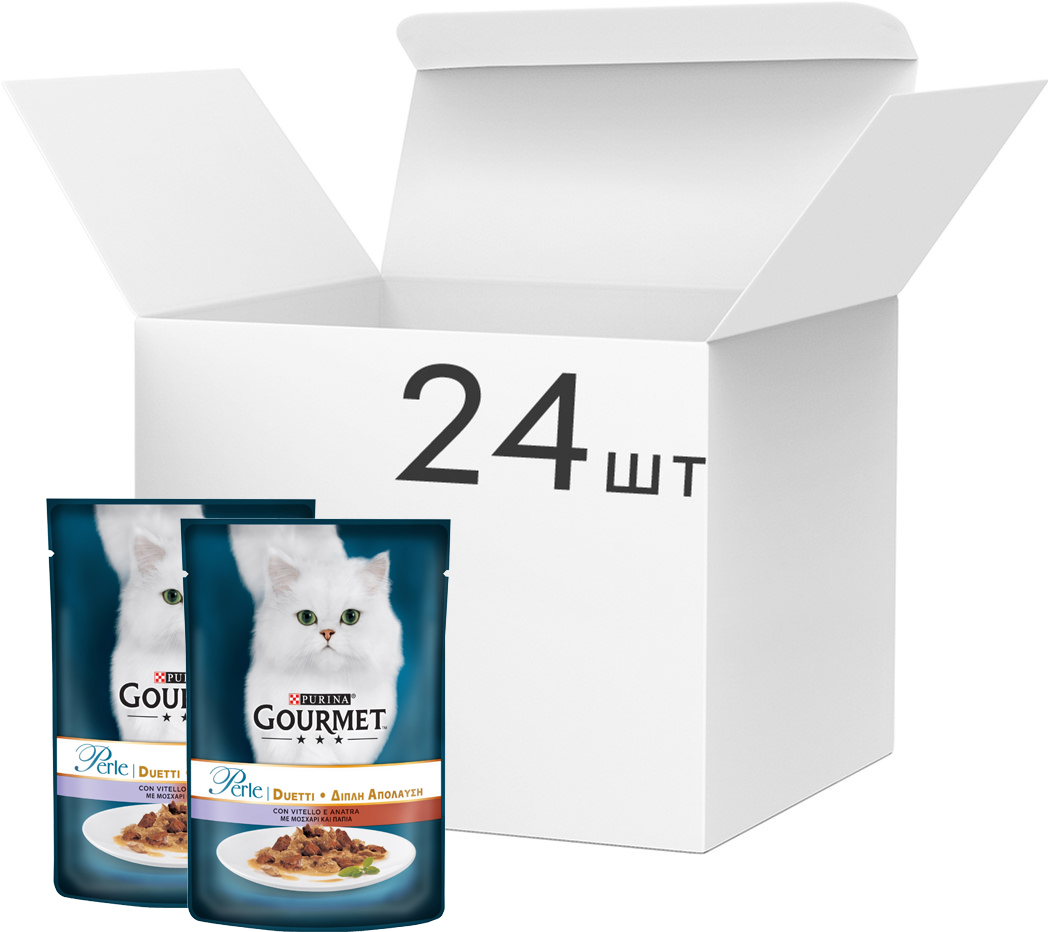 Упаковка влажного корма для кошек Purina Gourmet Perle Duo с телятиной и уткой 24 шт по 85 г (7613033580031)
Упаковка влажного корма для кошек Purina Gourmet Perle Duo с телятиной и уткой 24 шт по 85 г (7613033580031)