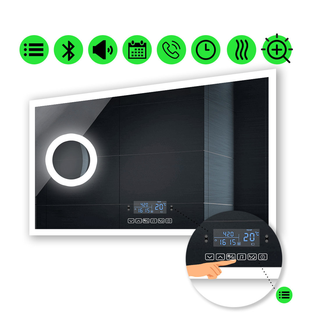 LED-зеркало 90x70см, с Smart-блоком, линзой с подсветкой и подогревом, модель Simphony
LED-зеркало 90x70см, с Smart-блоком, линзой с подсветкой и подогревом, модель Simphony