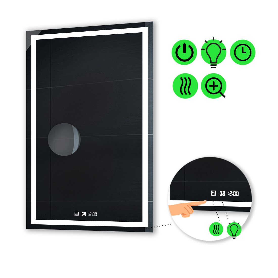 LED-зеркало 70x110см, с двумя сенсорами, часами, подогревом и линзой без подсветки, модель Karnet
LED-зеркало 70x110см, с двумя сенсорами, часами, подогревом и линзой без подсветки, модель Karnet
