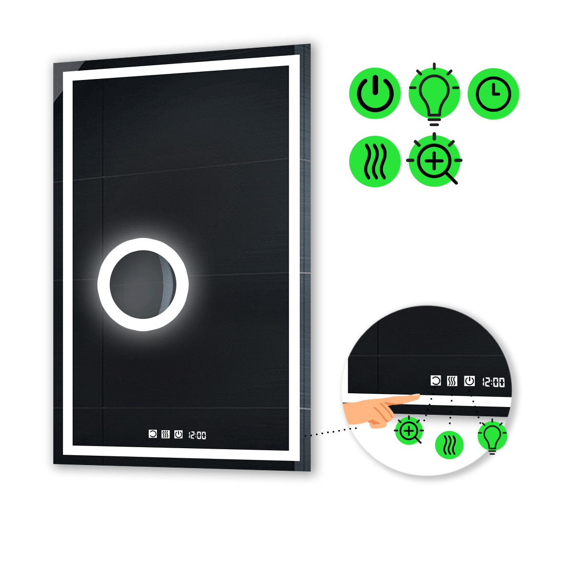 LED-зеркало 70x110см, с тремя сенсорами, часами, подогревом и линзой с подсветкой, модель Karnet.
LED-зеркало 70x110см, с тремя сенсорами, часами, подогревом и линзой с подсветкой, модель Karnet.