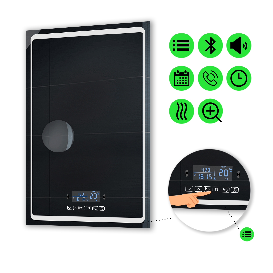 LED-зеркало 100x120см, с Smart-блоком, линзой без подсветки и подогревом, модель Emma
LED-зеркало 100x120см, с Smart-блоком, линзой без подсветки и подогревом, модель Emma