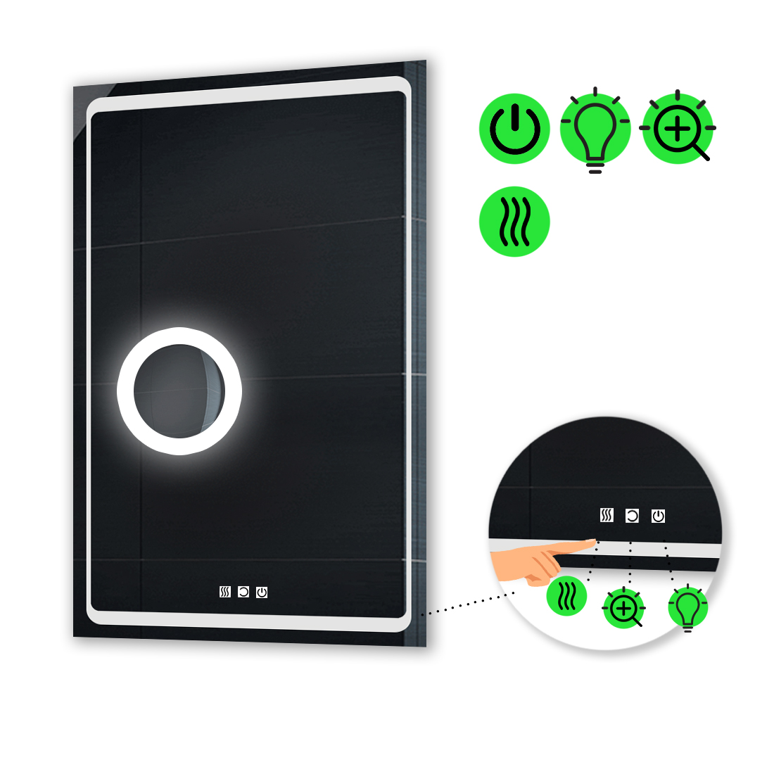 LED-зеркало 80x90см, с тремя сенсорами, подогревом и линзой с подсветкой, модель Emma
LED-зеркало 80x90см, с тремя сенсорами, подогревом и линзой с подсветкой, модель Emma
