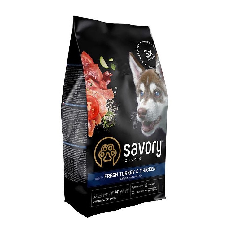 Сухой корм для щенков крупных пород Savory Large Breeds Junior Fresh Turkey & Chicken со свежим мясом индейки и курицы 3 кг
Сухой корм для щенков крупных пород Savory Large Breeds Junior Fresh Turkey & Chicken со свежим мясом индейки и курицы 3 кг