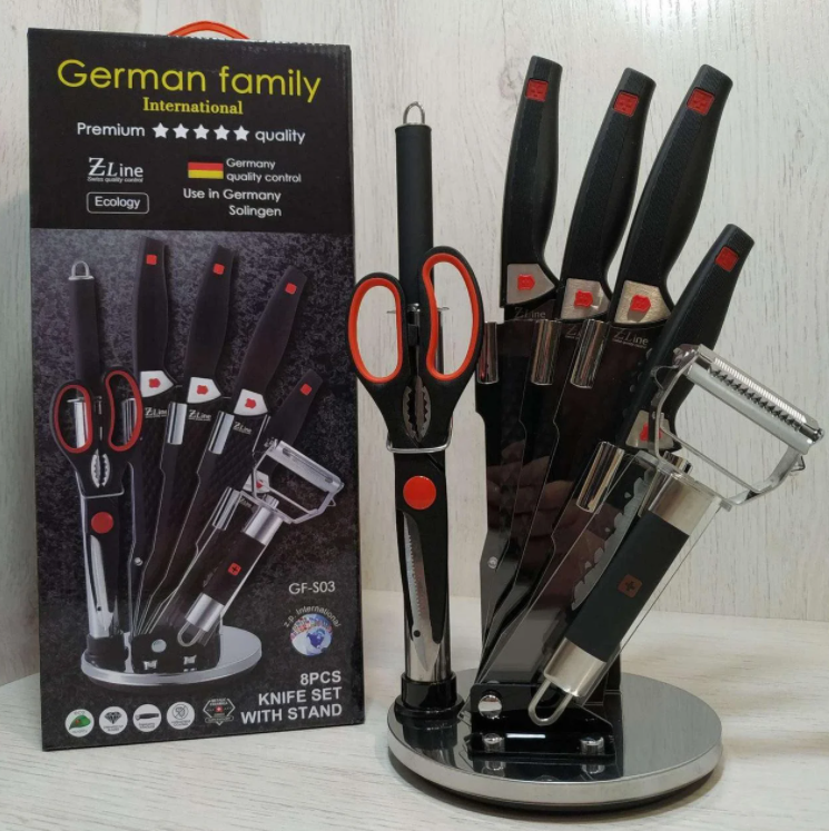 В наборе 8 предметов c овощечисткой шинковкой и стильной подставкой German Family GF-S03
В наборе 8 предметов c овощечисткой шинковкой и стильной подставкой German Family GF-S03