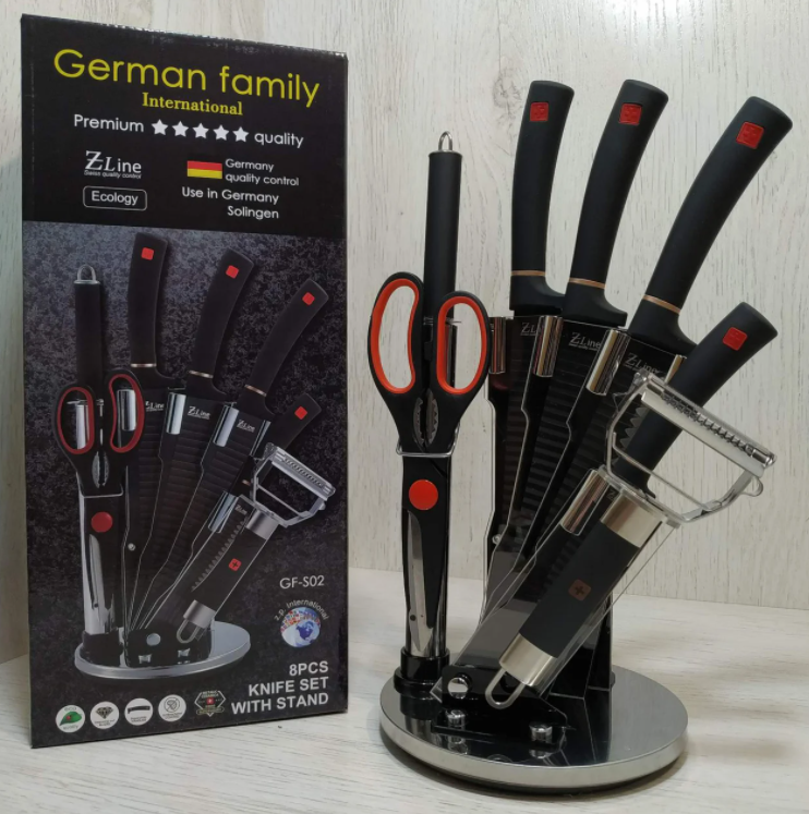 В наборе 8 предметов c овощечисткой шинковкой и стильной подставкой German Family GF-S02 Черный
В наборе 8 предметов c овощечисткой шинковкой и стильной подставкой German Family GF-S02 Черный