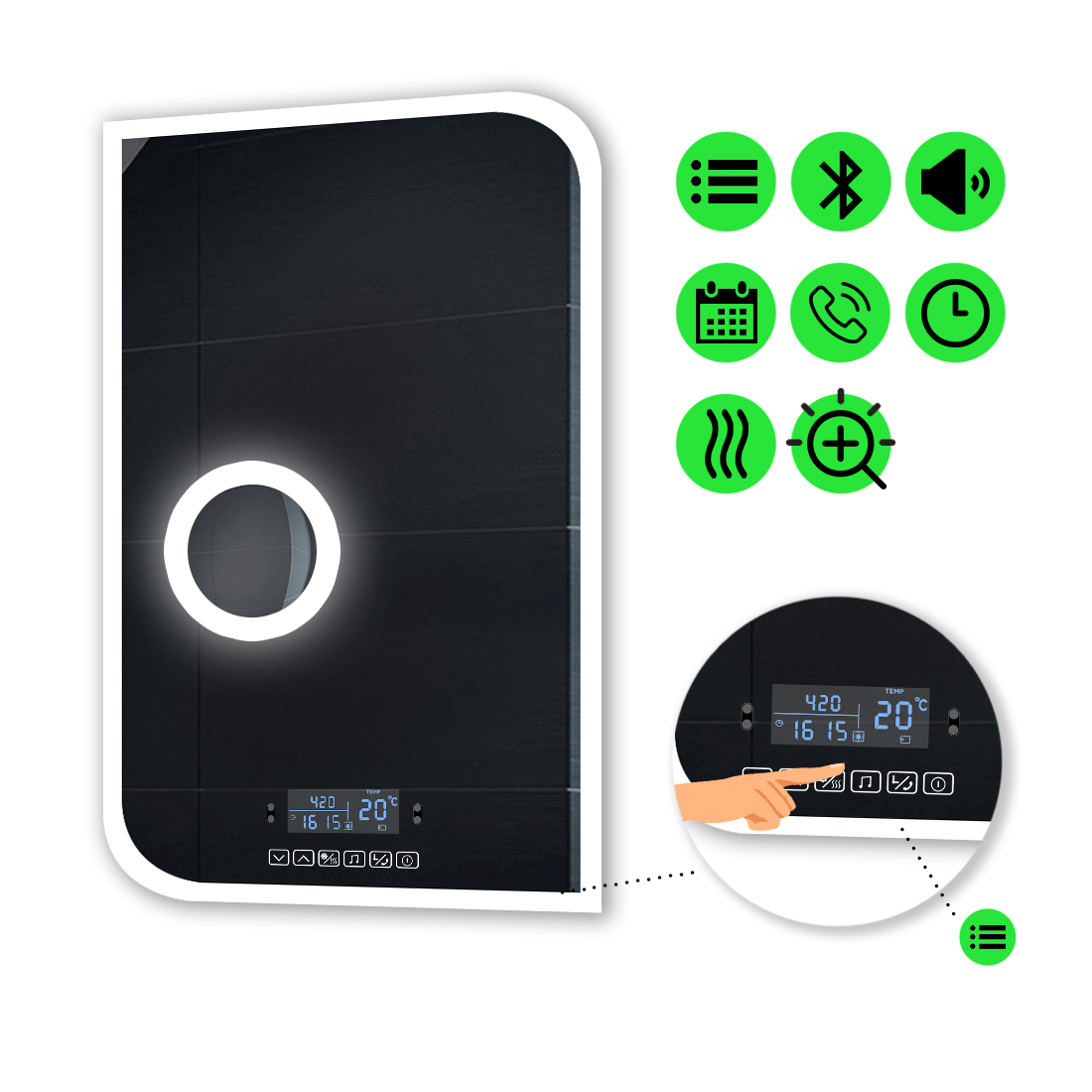 LED-зеркало 70x80см, с Smart-блоком, линзой с подсветкой и подогревом, модель Kruka
LED-зеркало 70x80см, с Smart-блоком, линзой с подсветкой и подогревом, модель Kruka