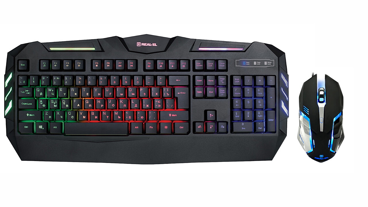 Игровой комплект для ПК 2 в 1 (клавиатура и мышь) REAL-EL Gaming 9500 Kit Backlit USB RUS с подсветкой Black
Игровой комплект для ПК 2 в 1 (клавиатура и мышь) REAL-EL Gaming 9500 Kit Backlit USB RUS с подсветкой Black