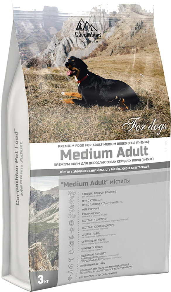 Сухой корм Carpathian Pet Food Medium Adult с курицей и палтусом атлантическим для взрослых собак средних пород весом 11-25 кг 3 кг (4820111140848)
Сухой корм Carpathian Pet Food Medium Adult с курицей и палтусом атлантическим для взрослых собак средних пород весом 11-25 кг 3 кг (4820111140848)