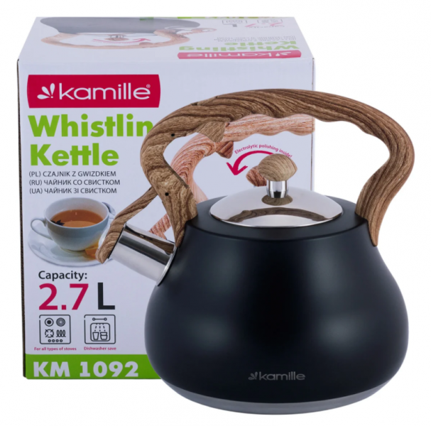 Чайник Kamille Черный 2,7л из нержавеющей стали со свистком и нейлоновой ручкой KM-1092
Чайник Kamille Черный 2,7л из нержавеющей стали со свистком и нейлоновой ручкой KM-1092