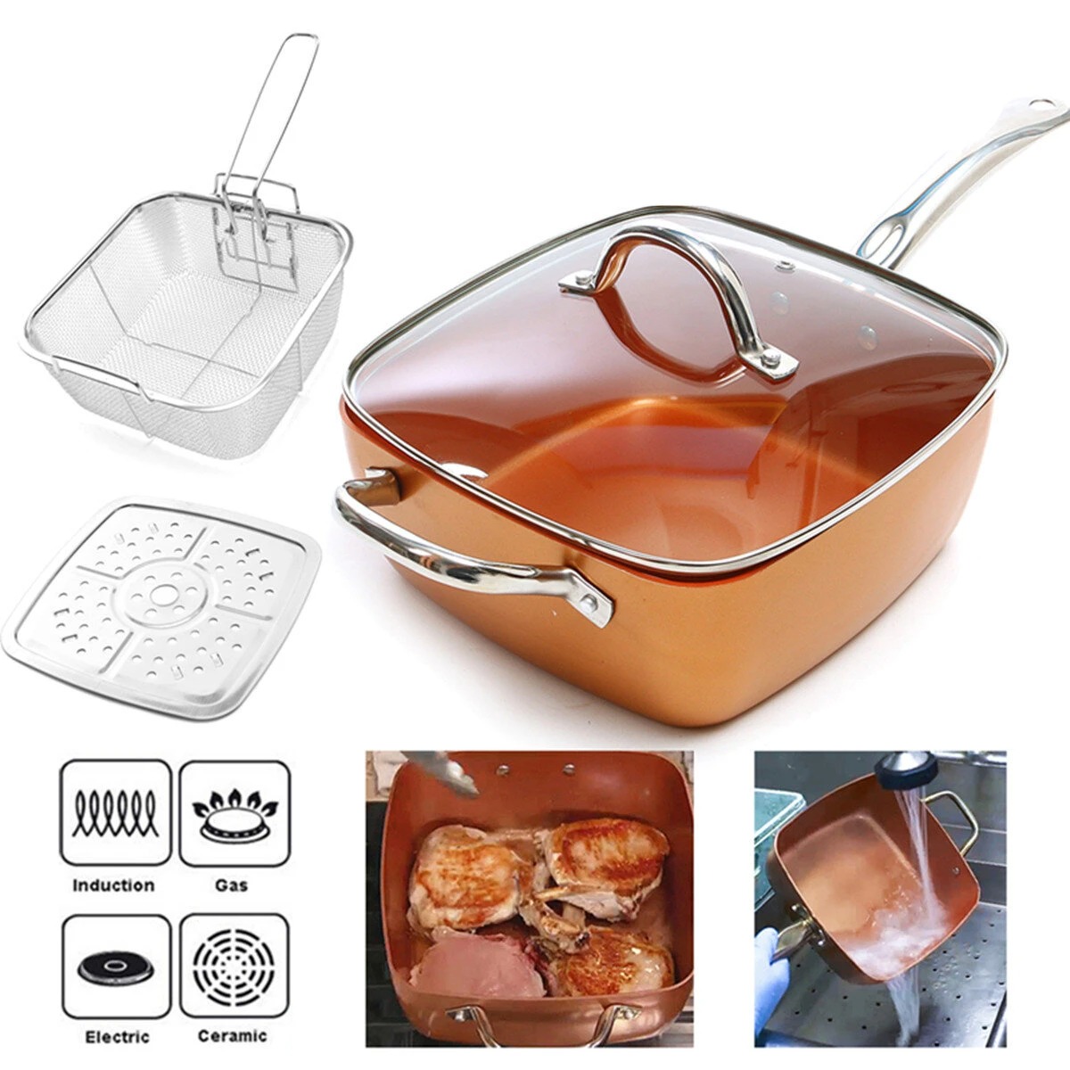 Сковорода универсальная + пароварка-фритюрница 3в1 Cook Master кухонный сотейник с керамическим антипригарным покрытием и корзиной для фритюра
Сковорода универсальная + пароварка-фритюрница 3в1 Cook Master кухонный сотейник с керамическим антипригарным покрытием и корзиной для фритюра