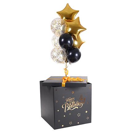 Черная коробка с золотой надписью Happy Birthday и декором золотые звезды. Внутрь связка 4 черных, 3 с
Черная коробка с золотой надписью Happy Birthday и декором золотые звезды. Внутрь связка 4 черных, 3 с