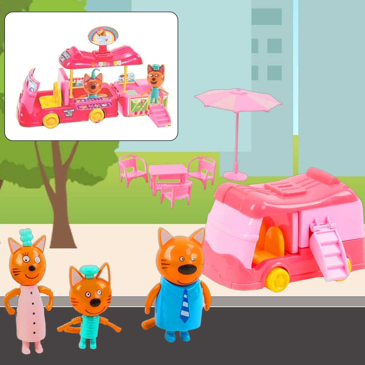 Игровой набор Три Кота Lovely snack car Фургон с мороженным, фигурки, с зонтиком, столиком и стулом
Игровой набор Три Кота Lovely snack car Фургон с мороженным, фигурки, с зонтиком, столиком и стулом
