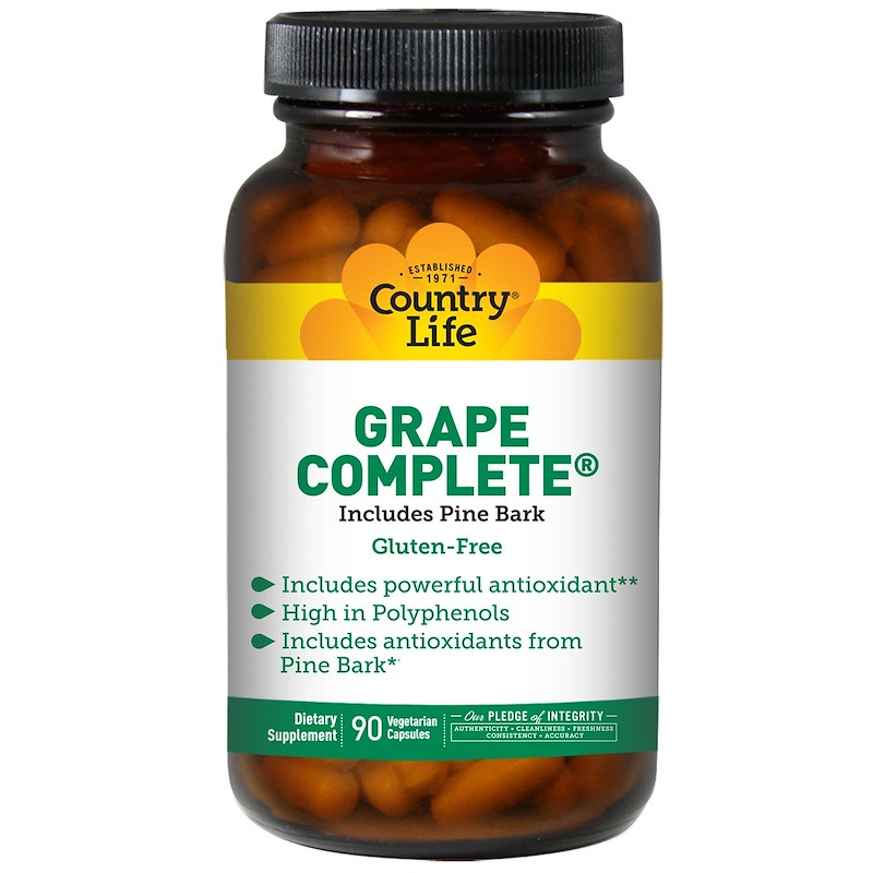 Экстракт виноградных косточек Country Life "Grape Complete Includes Pine Bark" с пикногенолом (90 веганских капсул)
Экстракт виноградных косточек Country Life "Grape Complete Includes Pine Bark" с пикногенолом (90 веганских капсул)