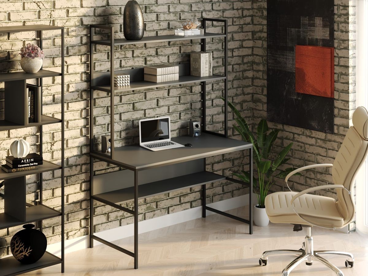 Стол компьютерный письменный с металлическим каркасом в стиле Лофт (Loft) DrevoGoods усиленный, прямой, рабочий для дома и офиса 1000х750х600мм; металл: Черный; дерево: Антрацит + стеллаж с полками
Стол компьютерный письменный с металлическим каркасом в стиле Лофт (Loft) DrevoGoods усиленный, прямой, рабочий для дома и офиса 1000х750х600мм; металл: Черный; дерево: Антрацит + стеллаж с полками