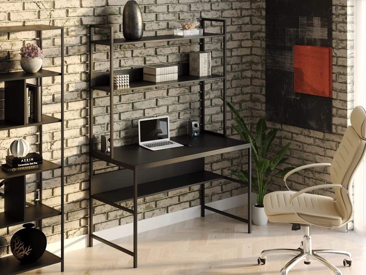 Стол компьютерный письменный с металлическим каркасом в стиле Лофт (Loft) DrevoGoods усиленный, прямой, рабочий для дома и офиса 1600х750х600мм; металл: Черный; дерево: Черный + стеллаж с полками
Стол компьютерный письменный с металлическим каркасом в стиле Лофт (Loft) DrevoGoods усиленный, прямой, рабочий для дома и офиса 1600х750х600мм; металл: Черный; дерево: Черный + стеллаж с полками