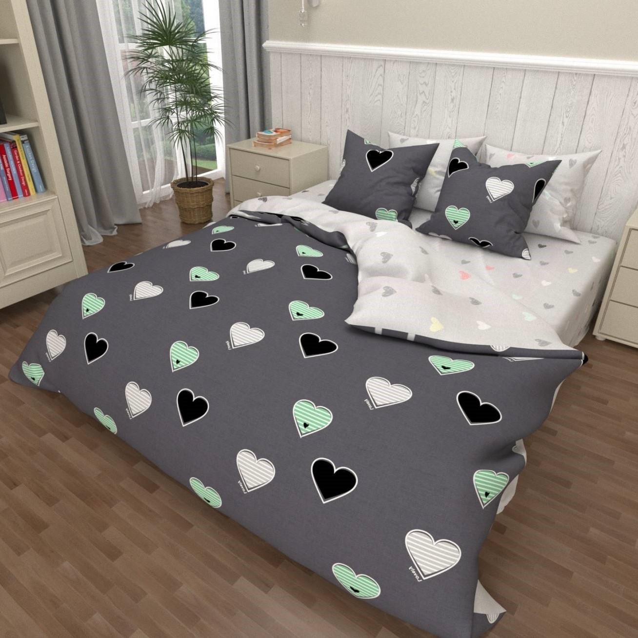 Комплект постельного белья Королева Ночи Бязь 200х220 Евро Сердца на сером 931