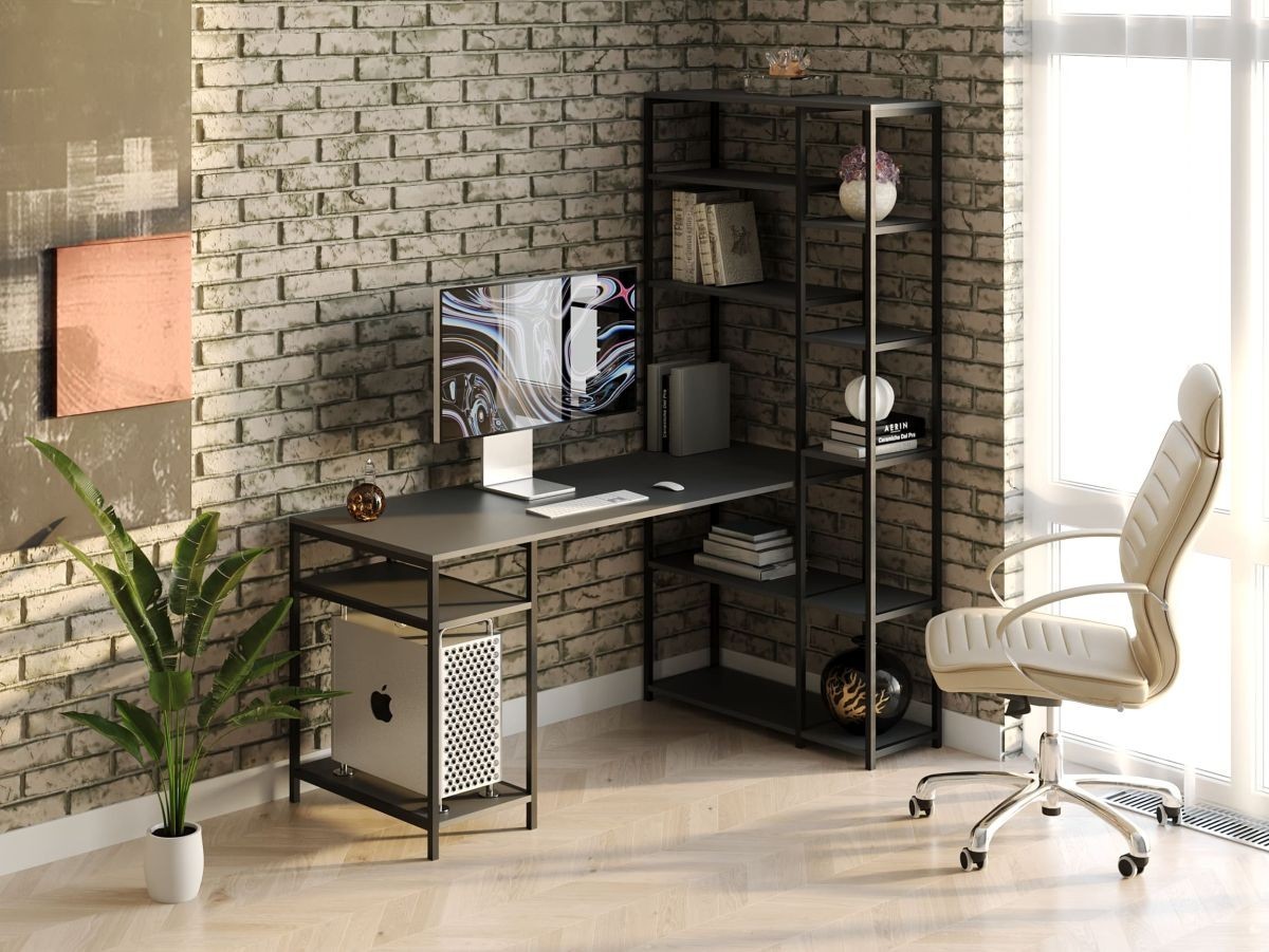 Стол компьютерный письменный с металлическим каркасом в стиле Лофт (Loft) DrevoGoods с полкой под системный блок усиленный, прямой, рабочий для дома и офиса 1200х1800х900мм; металл: Черный; дерево: Антрацит + стеллаж
Стол компьютерный письменный с металлическим каркасом в стиле Лофт (Loft) DrevoGoods с полкой под системный блок усиленный, прямой, рабочий для дома и офиса 1200х1800х900мм; металл: Черный; дерево: Антрацит + стеллаж