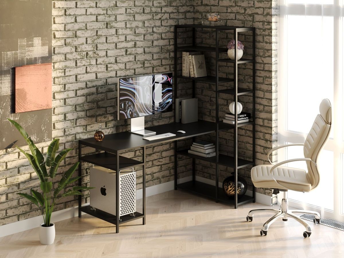 Стол компьютерный письменный с металлическим каркасом в стиле Лофт (Loft) DrevoGoods с полкой под системный блок усиленный, прямой, рабочий для дома и офиса 1600х1800х900мм; металл: Черный; дерево: Черный + стеллаж
Стол компьютерный письменный с металлическим каркасом в стиле Лофт (Loft) DrevoGoods с полкой под системный блок усиленный, прямой, рабочий для дома и офиса 1600х1800х900мм; металл: Черный; дерево: Черный + стеллаж