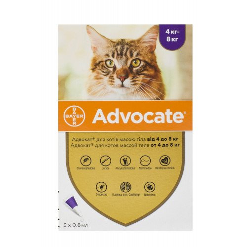 Капли от блох, блошиный дерматит, отодектоза Bayer Advocate для котов от 4 до 8 кг, цена за 1 пипетку
Капли от блох, блошиный дерматит, отодектоза Bayer Advocate для котов от 4 до 8 кг, цена за 1 пипетку