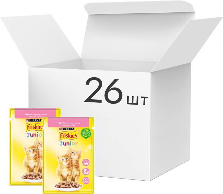 Упаковка влажного корма для котят Purina Friskies Junior кусочки в подливе с курицей 26 шт по 85 г (7613036962308)
Упаковка влажного корма для котят Purina Friskies Junior кусочки в подливе с курицей 26 шт по 85 г (7613036962308)