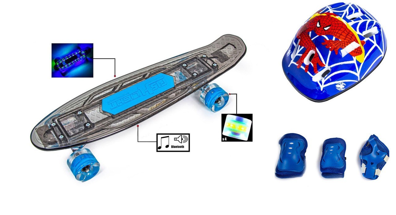 Пенни Борд Penny Board с комплектом защиты Серый цвет Музыкальная и светящаяся дека
Пенни Борд Penny Board с комплектом защиты Серый цвет Музыкальная и светящаяся дека