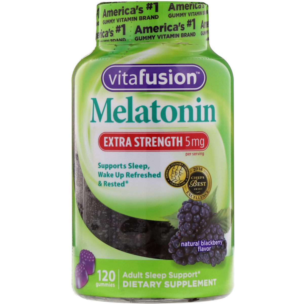 Сверхсильный мелатонин, Натуральный вкус ежевики, VitaFusion, 5 мг, 120 жевательных таблеток
Сверхсильный мелатонин, Натуральный вкус ежевики, VitaFusion, 5 мг, 120 жевательных таблеток