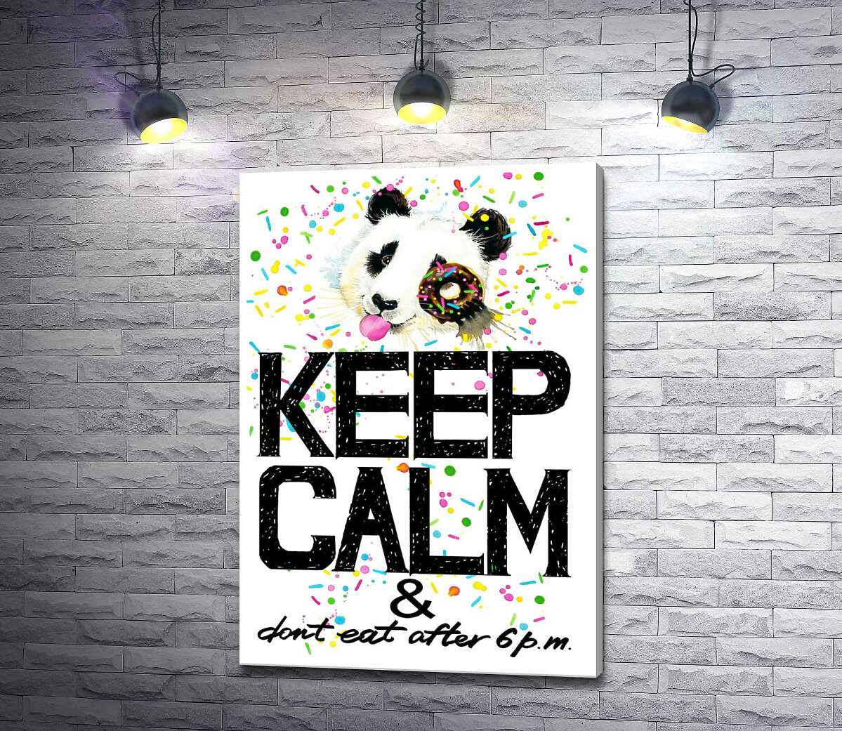 Картина ArtPoster Панда с мягким донатсом над надписью "keep calm and don't eat after 6 p.m." 130x190 см Модуль №1
Картина ArtPoster Панда с мягким донатсом над надписью "keep calm and don't eat after 6 p.m." 130x190 см Модуль №1