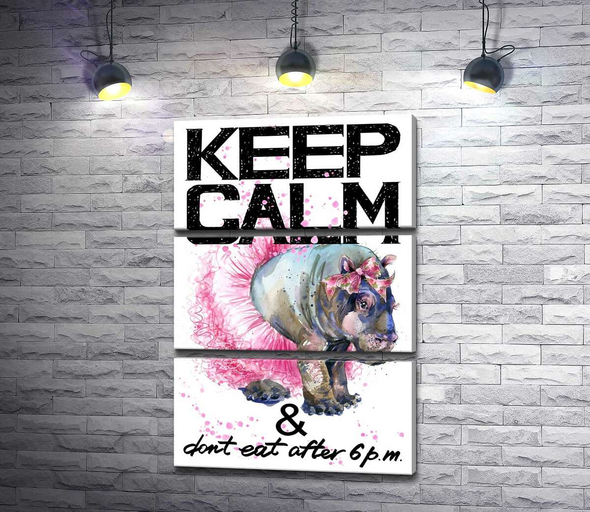 Модульная картина ArtPoster Бегемот балерина среди надписи "keep calm and don't eat after 6 p.m." 130x192 см Модуль №13
Модульная картина ArtPoster Бегемот балерина среди надписи "keep calm and don't eat after 6 p.m." 130x192 см Модуль №13