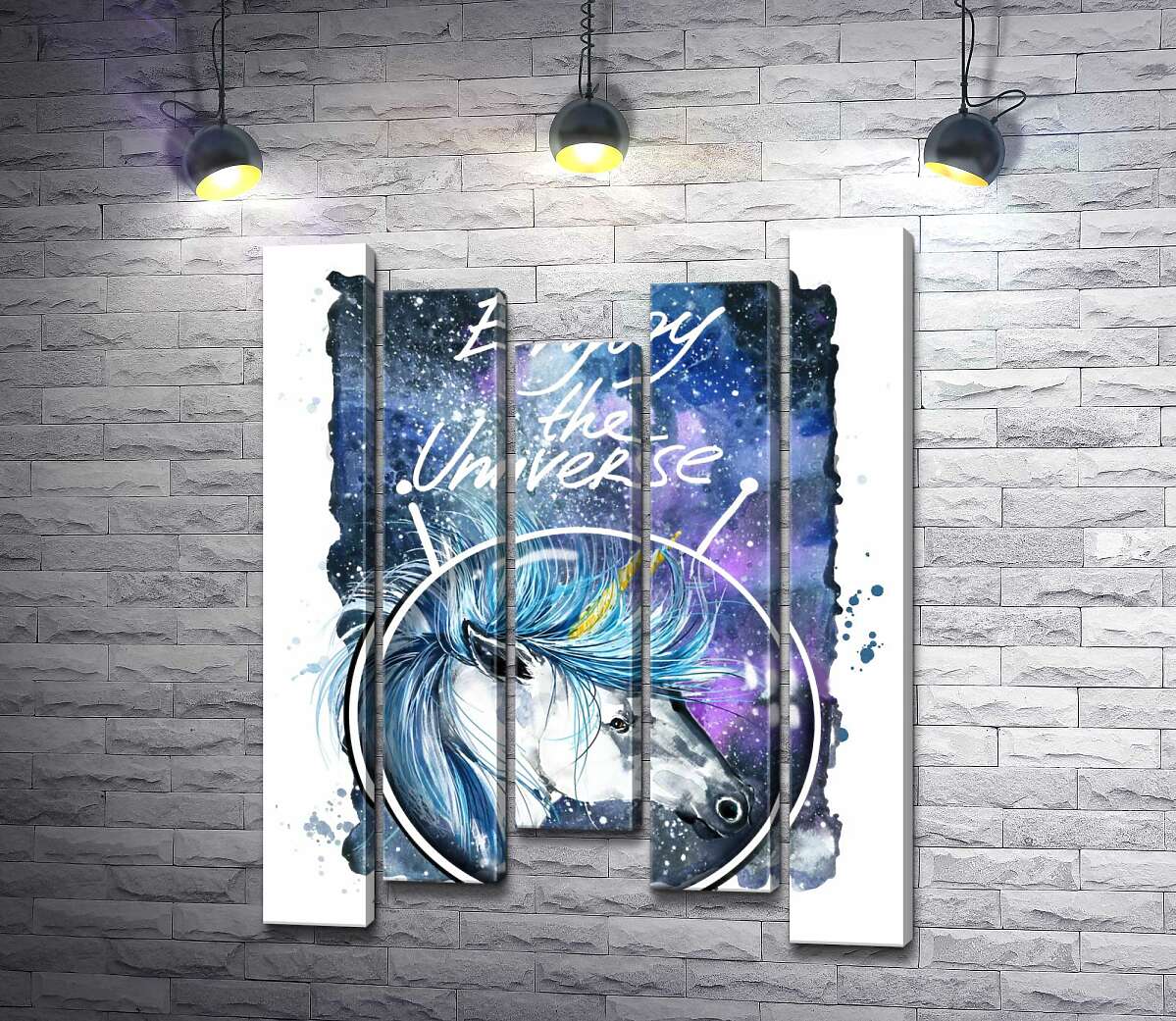 Модульная картина ArtPoster Голубая грива единорога развевается в космическом пространстве рядом с надписью "Enjoy the Universe" 130x168 см Модуль №28
Модульная картина ArtPoster Голубая грива единорога развевается в космическом пространстве рядом с надписью "Enjoy the Universe" 130x168 см Модуль №28