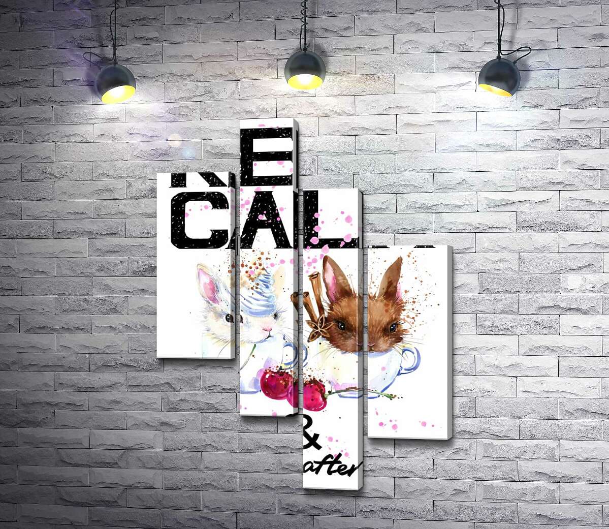 Модульная картина ArtPoster Зайцы в чашках с кофе между надписью "keep calm and don't eat after 6 p.m." 100x147 см Модуль №20
Модульная картина ArtPoster Зайцы в чашках с кофе между надписью "keep calm and don't eat after 6 p.m." 100x147 см Модуль №20
