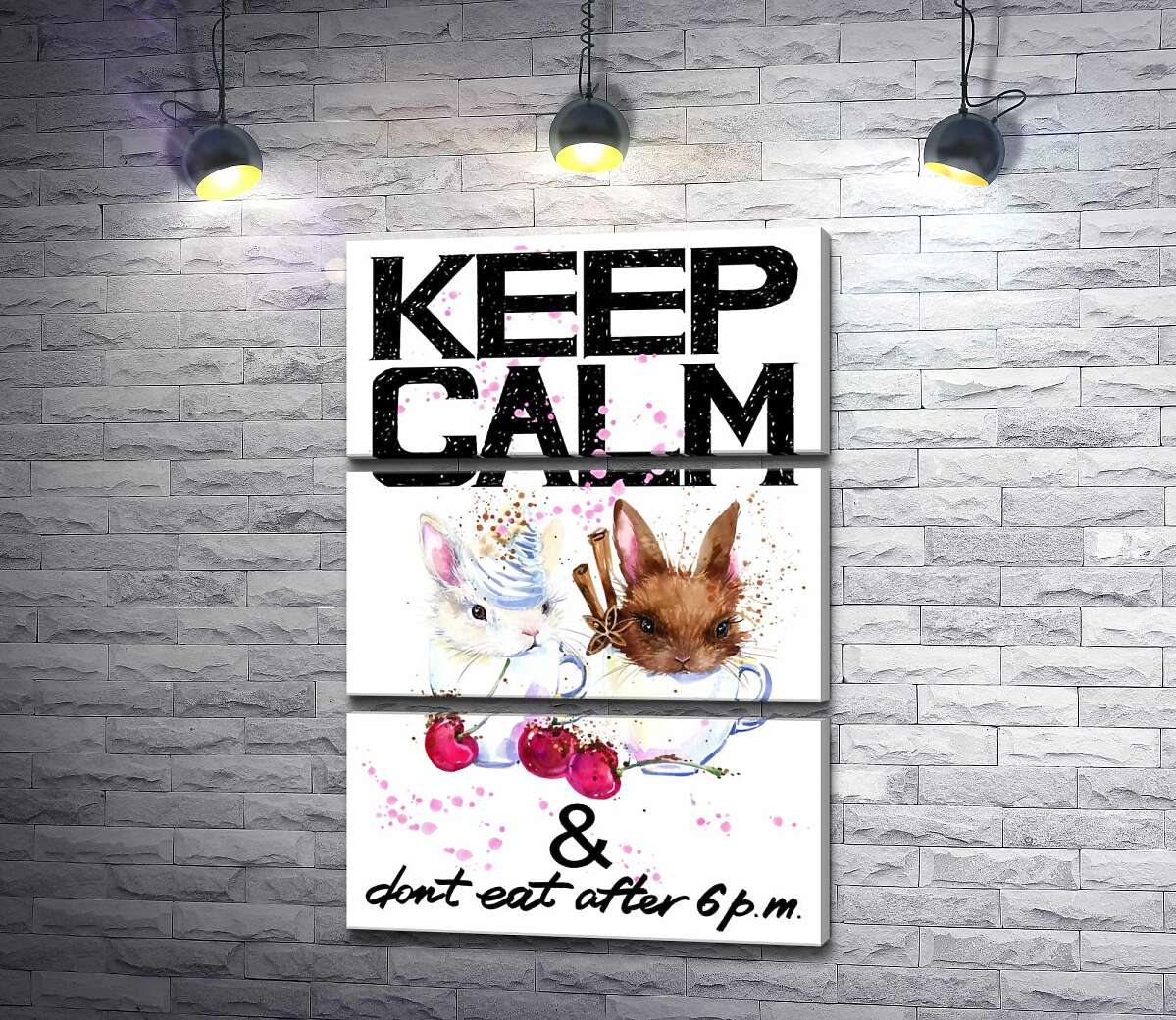 Модульная картина ArtPoster Зайцы в чашках с кофе между надписью "keep calm and don't eat after 6 p.m." 100x147 см Модуль №13
Модульная картина ArtPoster Зайцы в чашках с кофе между надписью "keep calm and don't eat after 6 p.m." 100x147 см Модуль №13