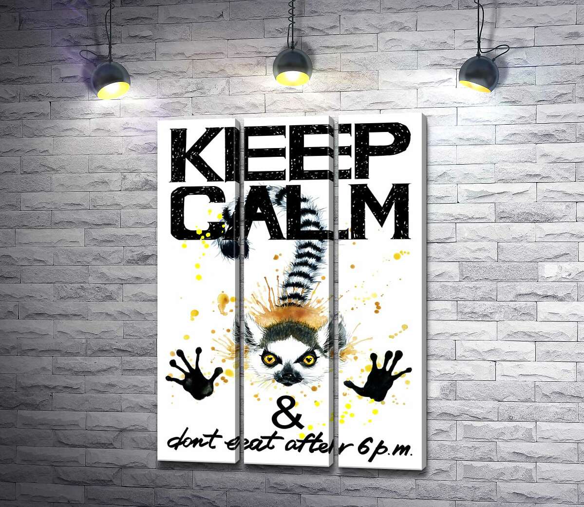 Модульная картина ArtPoster Лемур тянет лапы вперед под надписью "keep calm and don't eat after 6 p.m." 132x190 см Модуль №11
Модульная картина ArtPoster Лемур тянет лапы вперед под надписью "keep calm and don't eat after 6 p.m." 132x190 см Модуль №11