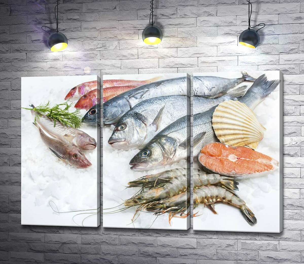 Модульная картина ArtPoster Разнообразие морской рыбы и креветок на холоде льда 132x87 см Модуль №11
Модульная картина ArtPoster Разнообразие морской рыбы и креветок на холоде льда 132x87 см Модуль №11