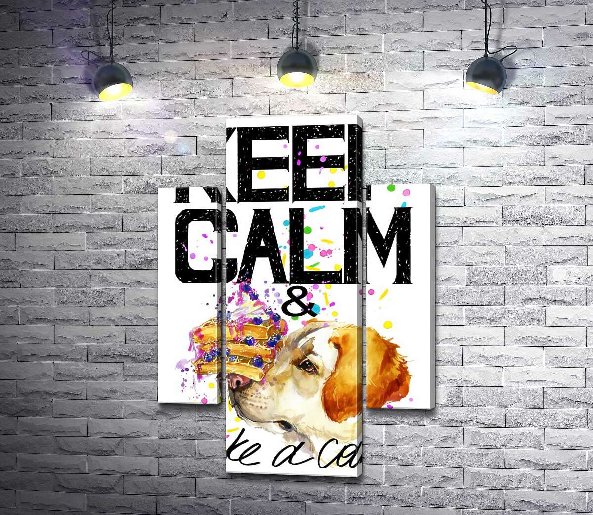 Модульная картина ArtPoster Собака с тортом на носу среди надписи " keep calm and take a cake " 80x119 см Модуль №7
Модульная картина ArtPoster Собака с тортом на носу среди надписи " keep calm and take a cake " 80x119 см Модуль №7
