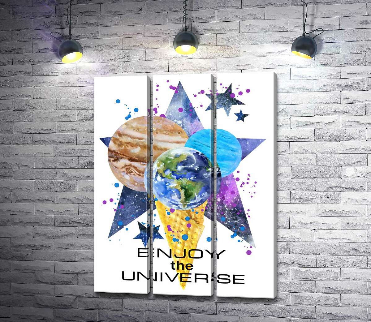 Модульная картина ArtPoster Три планеты в рожке мороженого на космическом фоне с надписью "enjoy the universe" 102x136 см Модуль №11
Модульная картина ArtPoster Три планеты в рожке мороженого на космическом фоне с надписью "enjoy the universe" 102x136 см Модуль №11