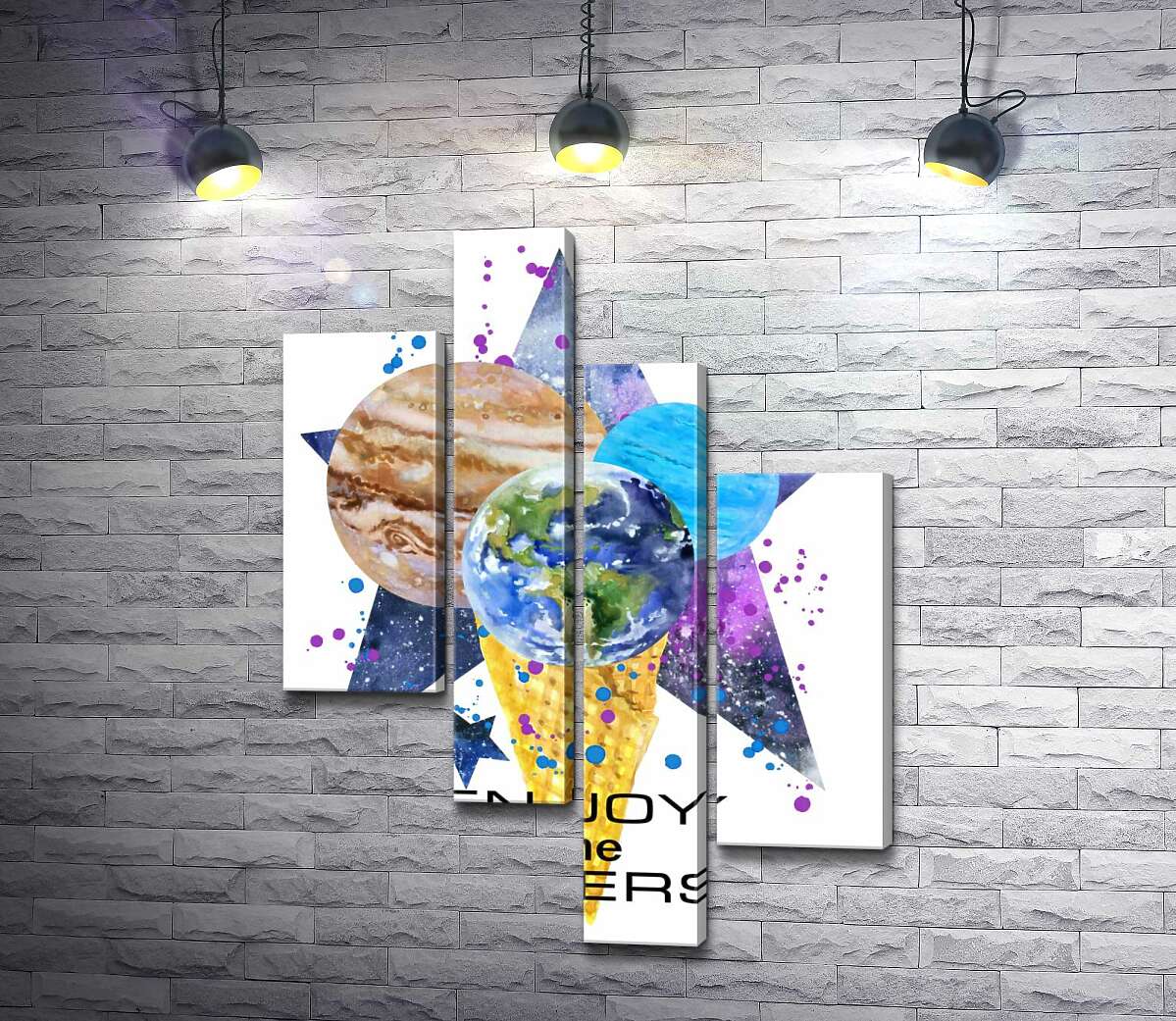 Модульная картина ArtPoster Три планеты в рожке мороженого на космическом фоне с надписью "enjoy the universe" 130x178 см Модуль №20
Модульная картина ArtPoster Три планеты в рожке мороженого на космическом фоне с надписью "enjoy the universe" 130x178 см Модуль №20