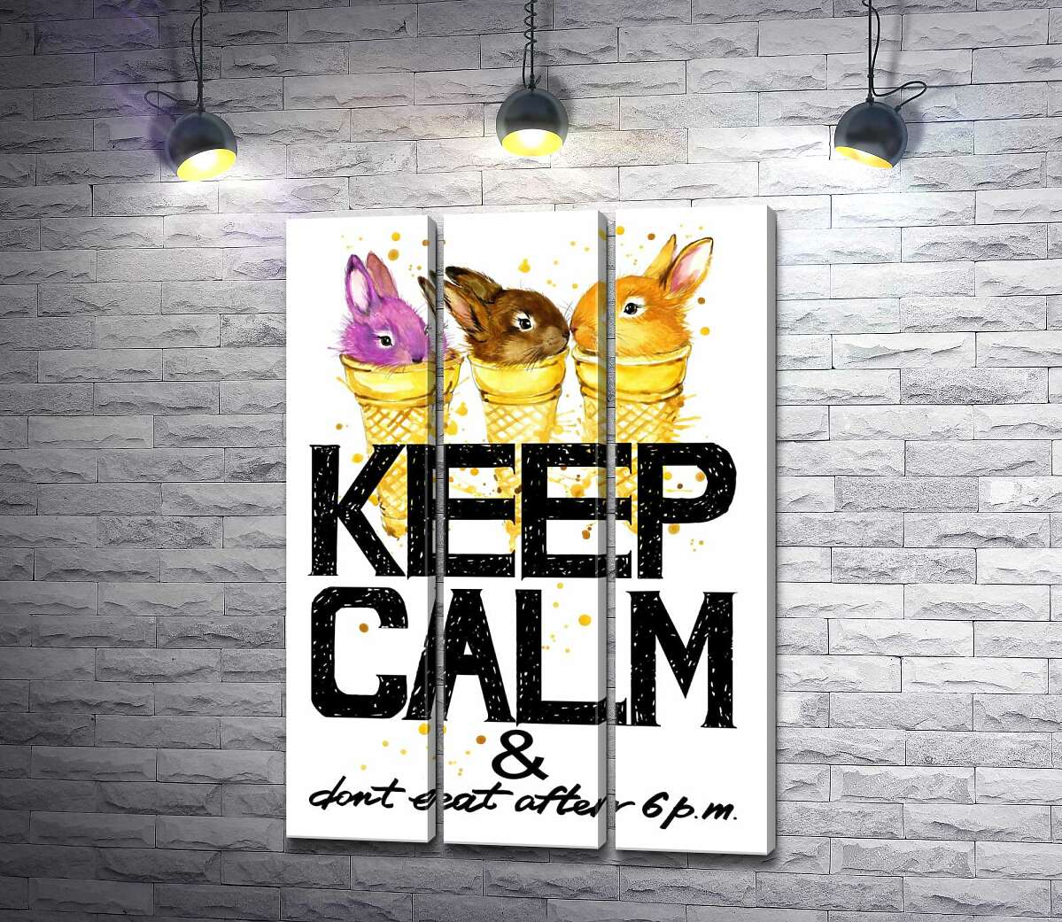 Модульная картина ArtPoster Цветные зайцы в рожках мороженого над надписью "keep calm and don't eat after 6 p.m." 102x146 см Модуль №11
Модульная картина ArtPoster Цветные зайцы в рожках мороженого над надписью "keep calm and don't eat after 6 p.m." 102x146 см Модуль №11