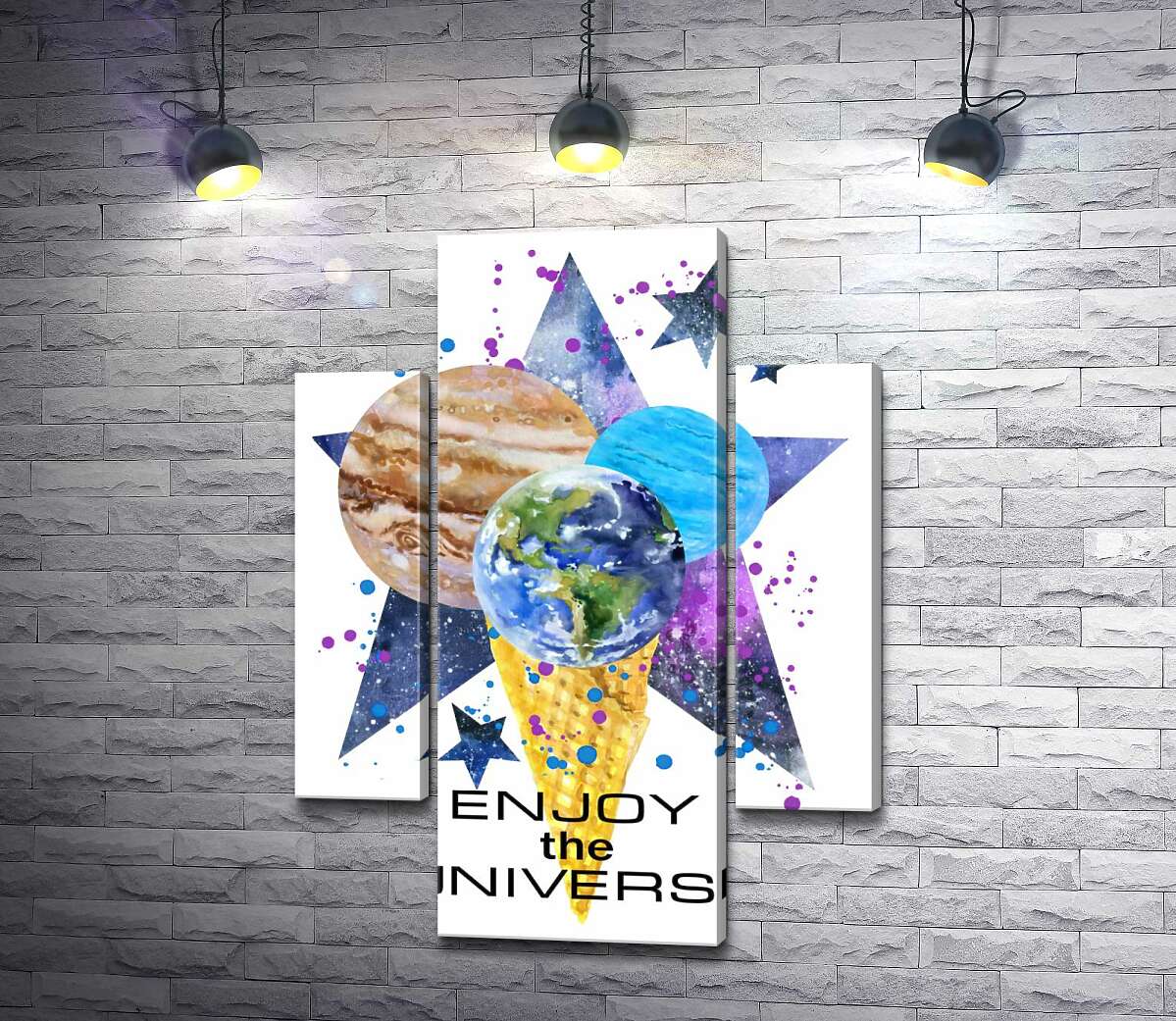 Модульная картина ArtPoster Три планеты в рожке мороженого на космическом фоне с надписью "enjoy the universe" 131x179 см Модуль №7
Модульная картина ArtPoster Три планеты в рожке мороженого на космическом фоне с надписью "enjoy the universe" 131x179 см Модуль №7